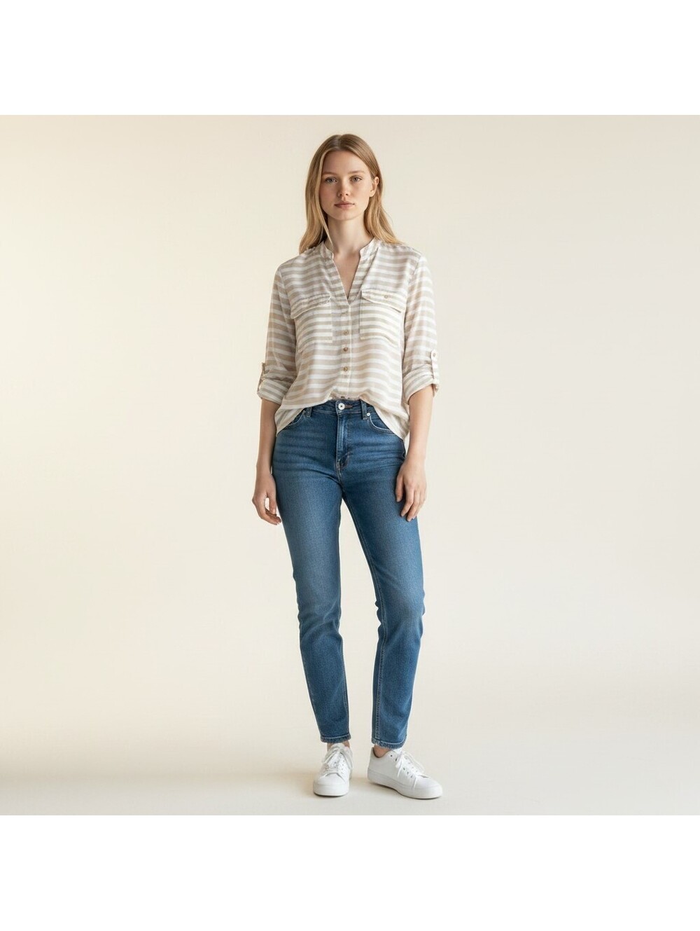 Calvin Klein Shirt Women M Medium White Striped Button Up V-Neck Long Sleeve